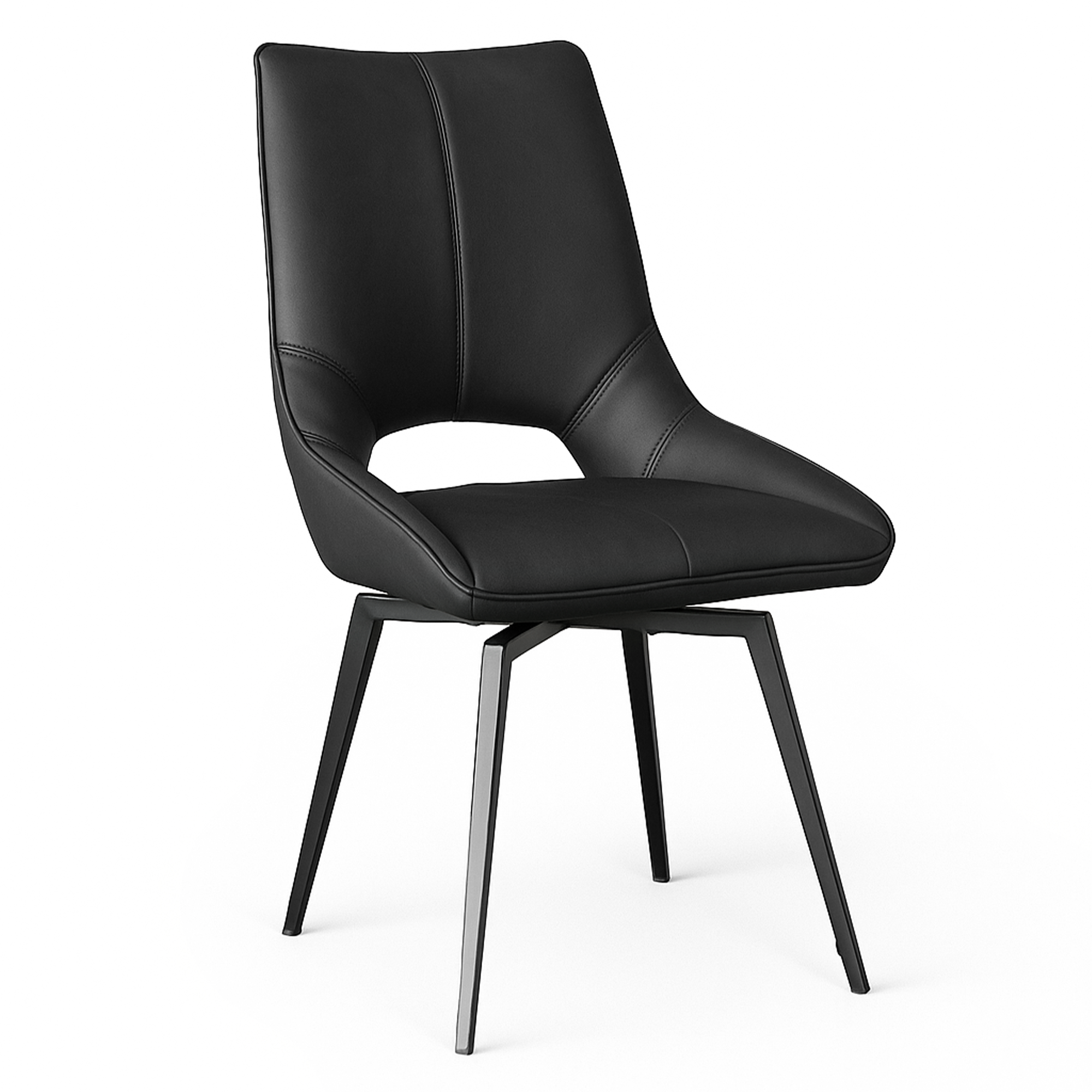 Dining chair, black PU polyurethane, black metal legs, three-quarter view, Edmonton, Alberta.