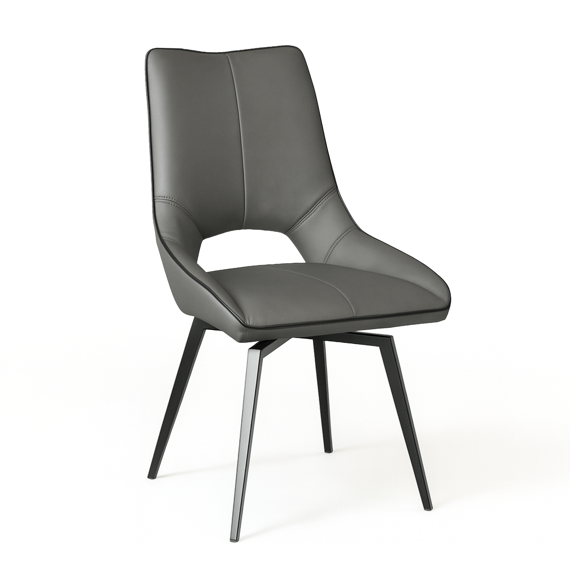 Dining chair, grey PU polyurethane, black metal legs, three-quarter view.