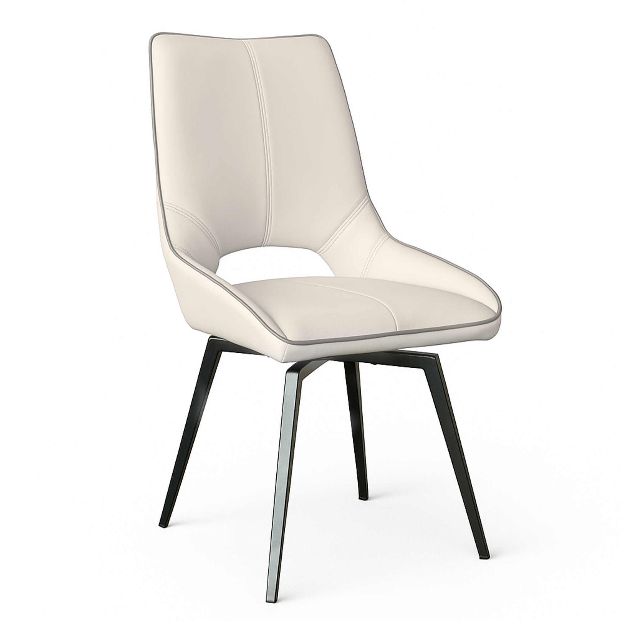 White PU polyurethane dining chair with black metal legs and cutout back, angled view, Edmonton, Alberta.