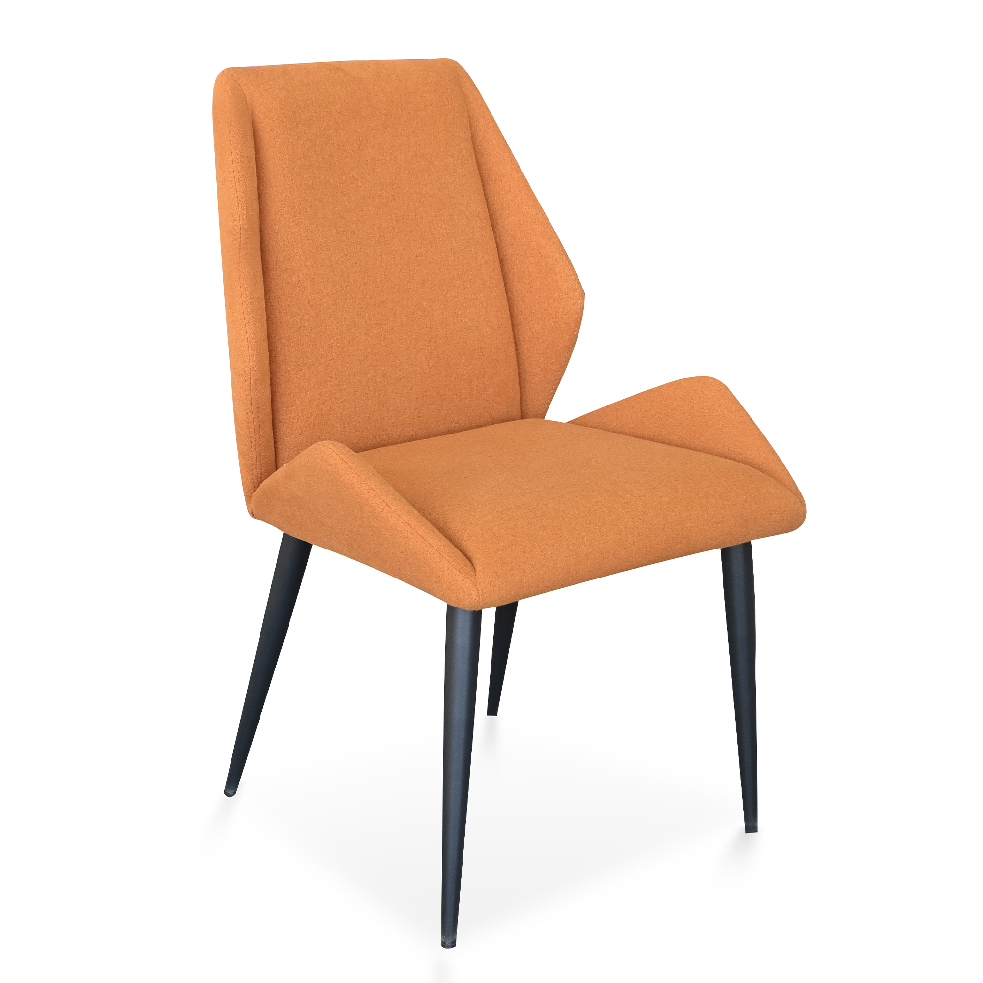 Dining chair, orange fabric, contoured high back, black metal legs, angled view, Edmonton, Alberta.