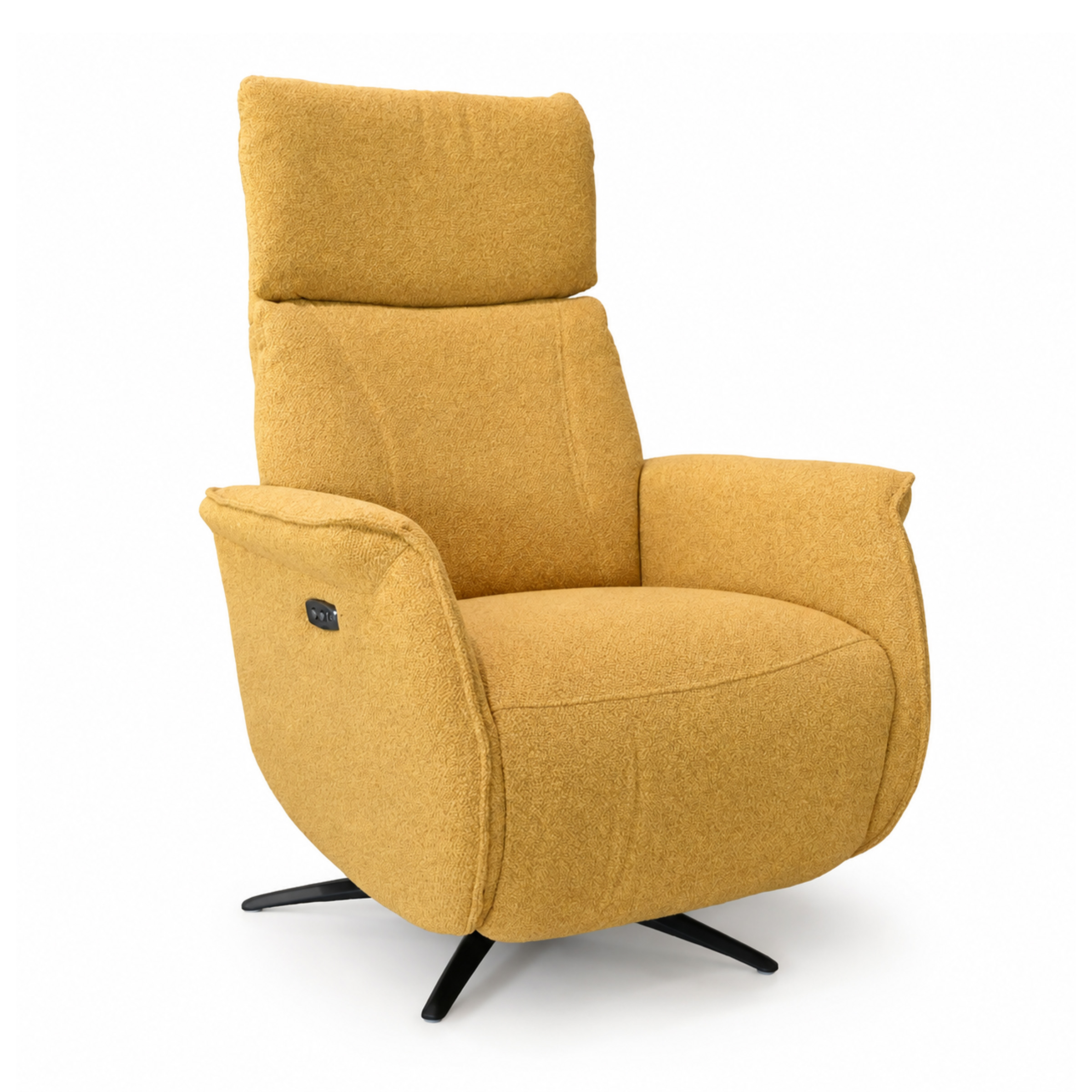 Ravenna mustard fabric recliner armchair in Edmonton with swivel base and black powder-coated legs