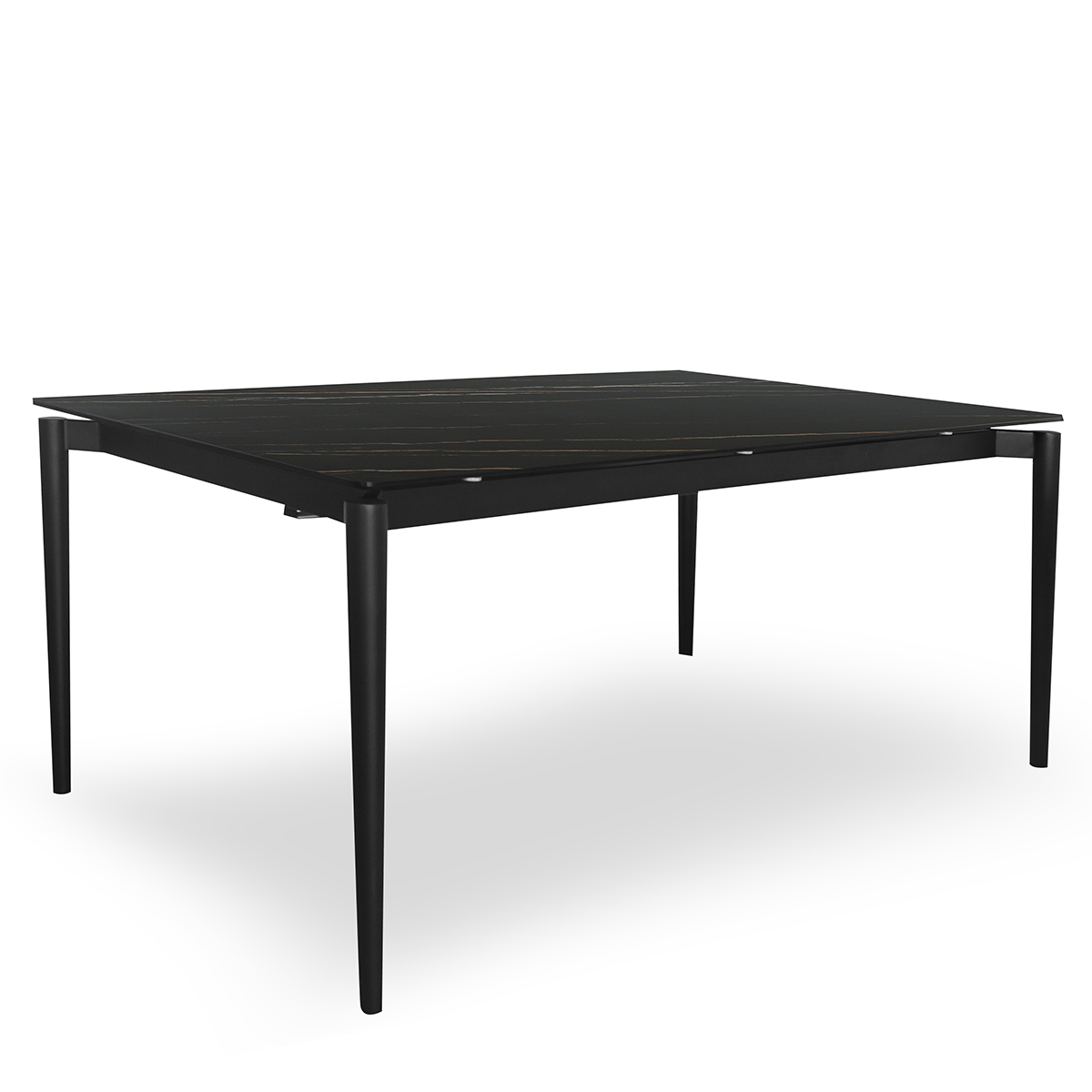 Perspective studio view of a modern rectangular dining table with a black marble-patterned ceramic top and slim matte black tapered metal legs, available in Edmonton, Alberta.