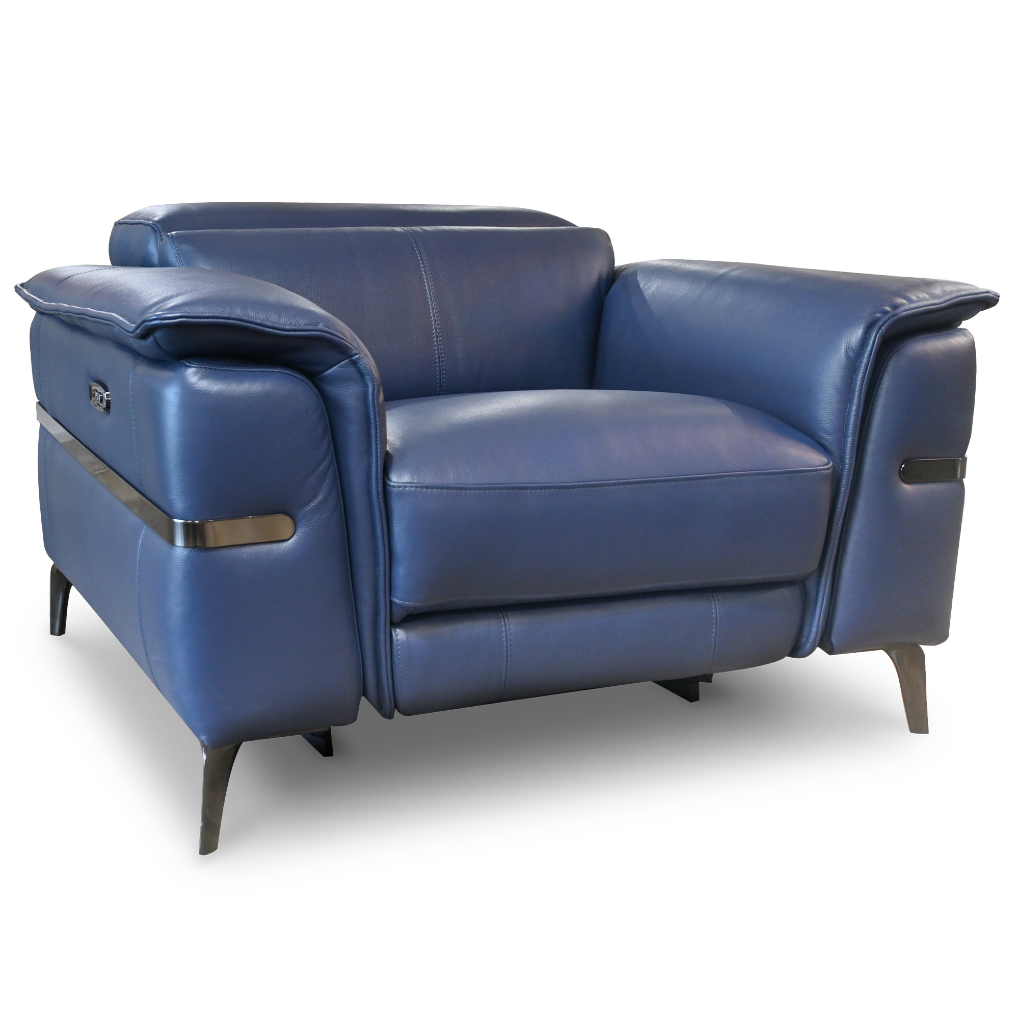 Angled view of a blue leather armchair at Mobler Furniture in Edmonton, AB