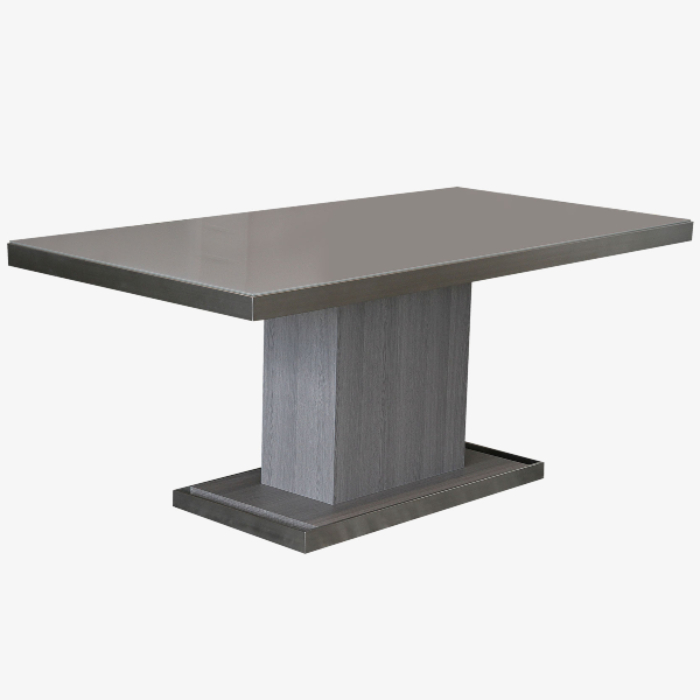 Studio views of modern extendable dining tables, featuring a white glass top with a walnut pedestal base and a grey glass top with a grey wood grain pedestal base, available in Edmonton, Alberta.