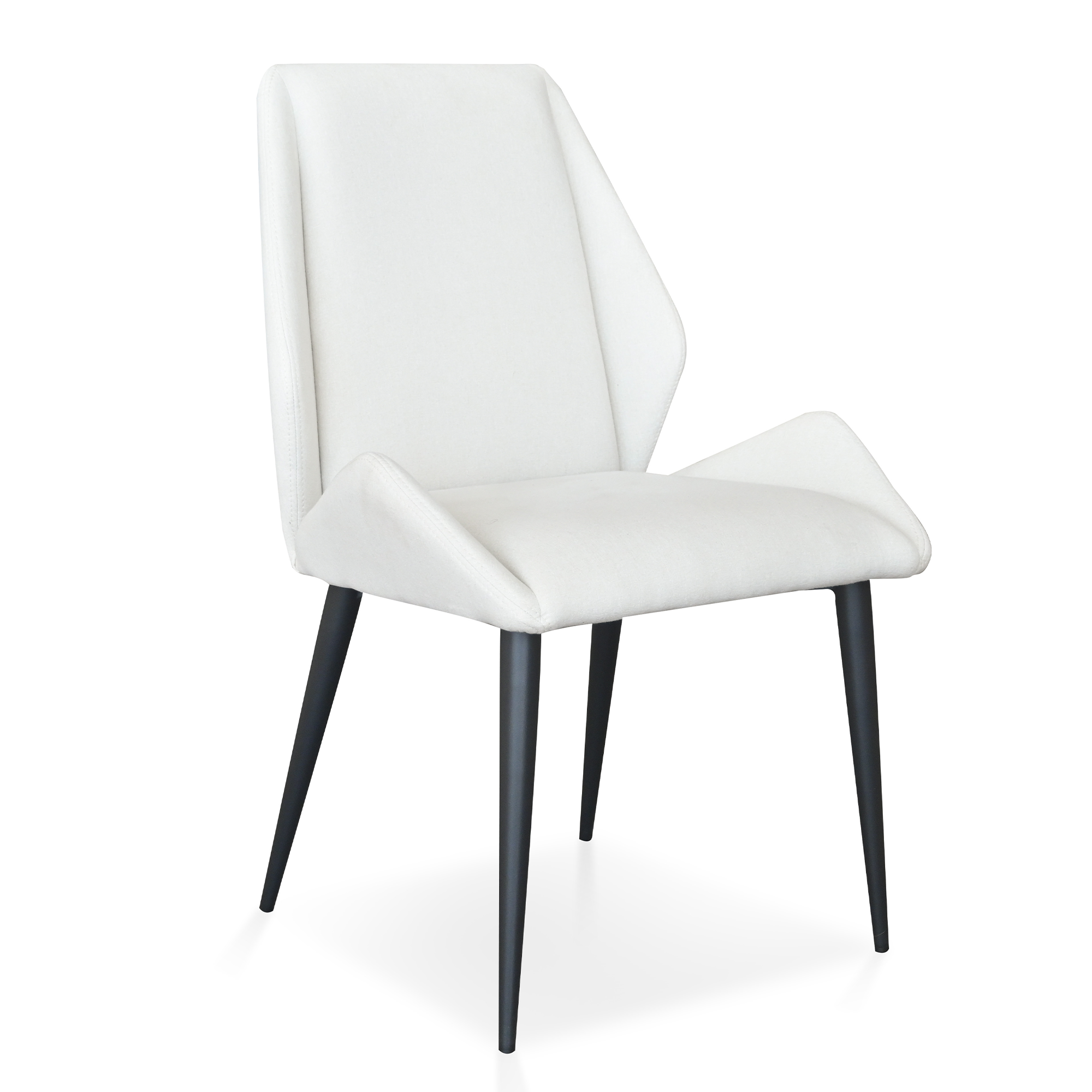 White fabric dining chair with black metal legs, three-quarter angled view.
