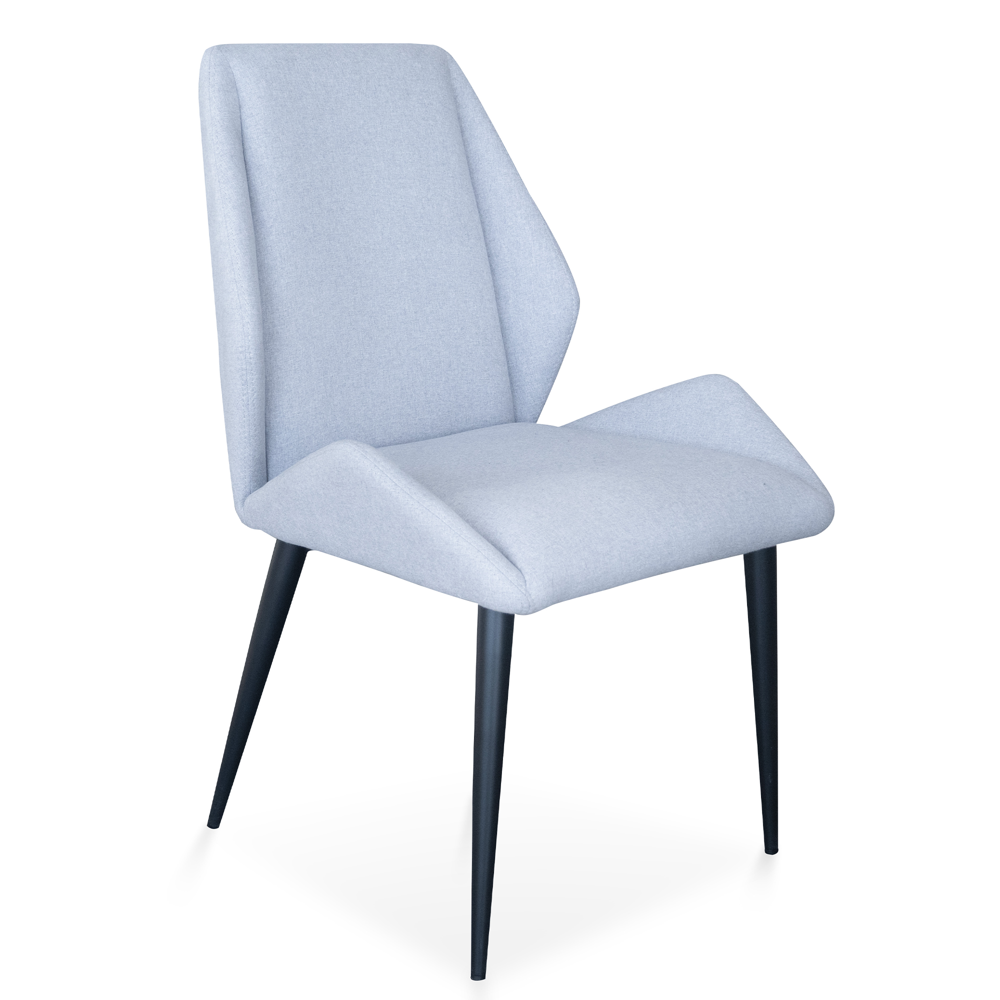 Light grey fabric dining chair with black metal legs, three-quarter angled view.
