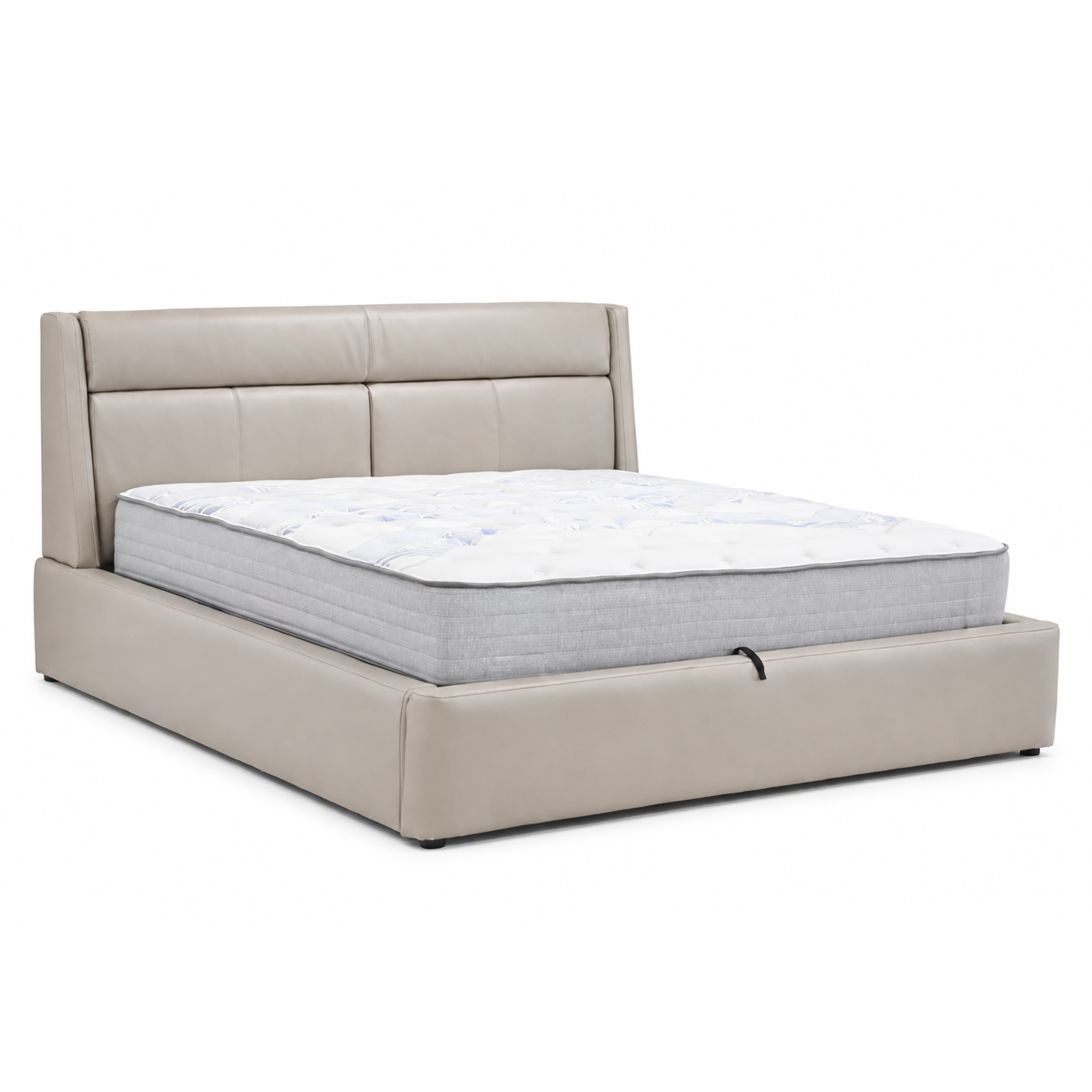 Serena silver grey polyurethane storage bed in Edmonton with lift-up mattress base and padded headboard