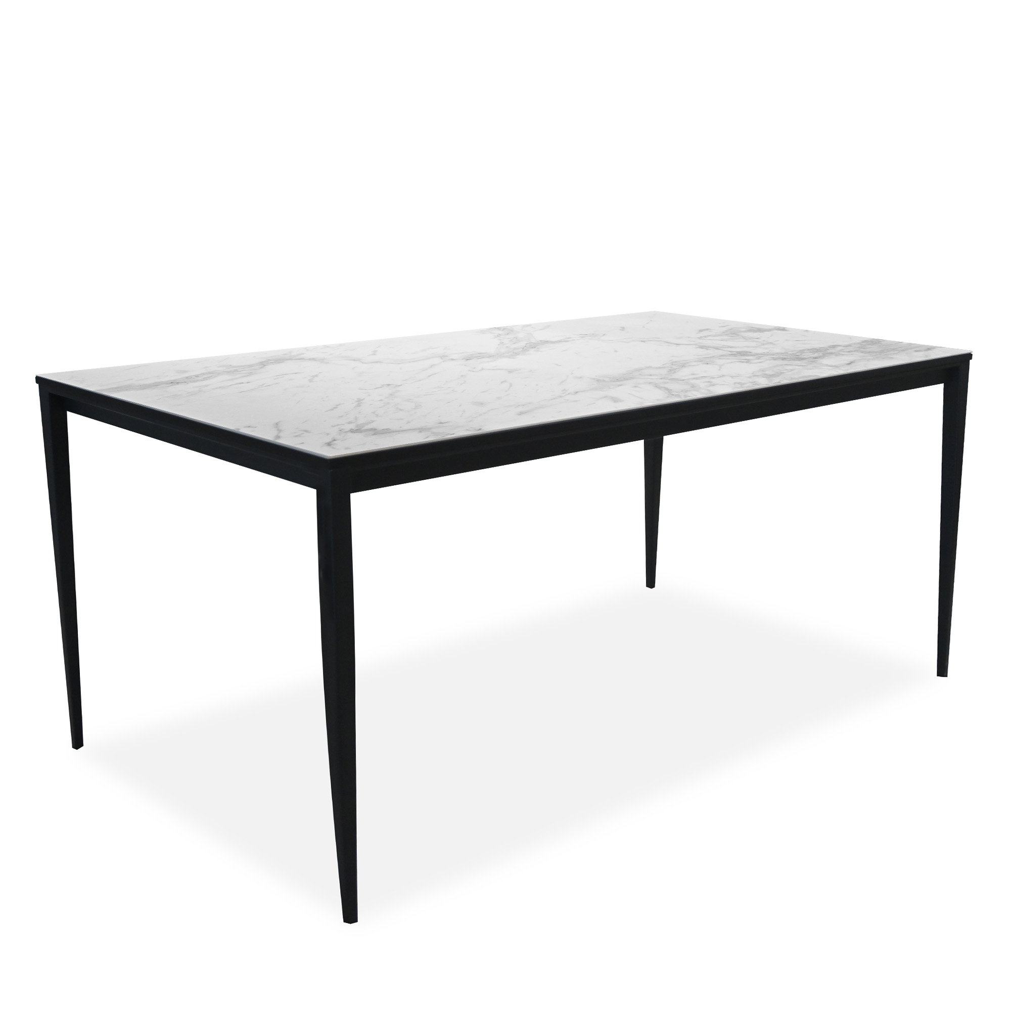 Modern white gloss ceramic dining table with a sleek marble top and four slim black legs, shown on a plain background, at Mobler Furniture in Edmonton. at Mobler Furniture in Edmonton, Alberta