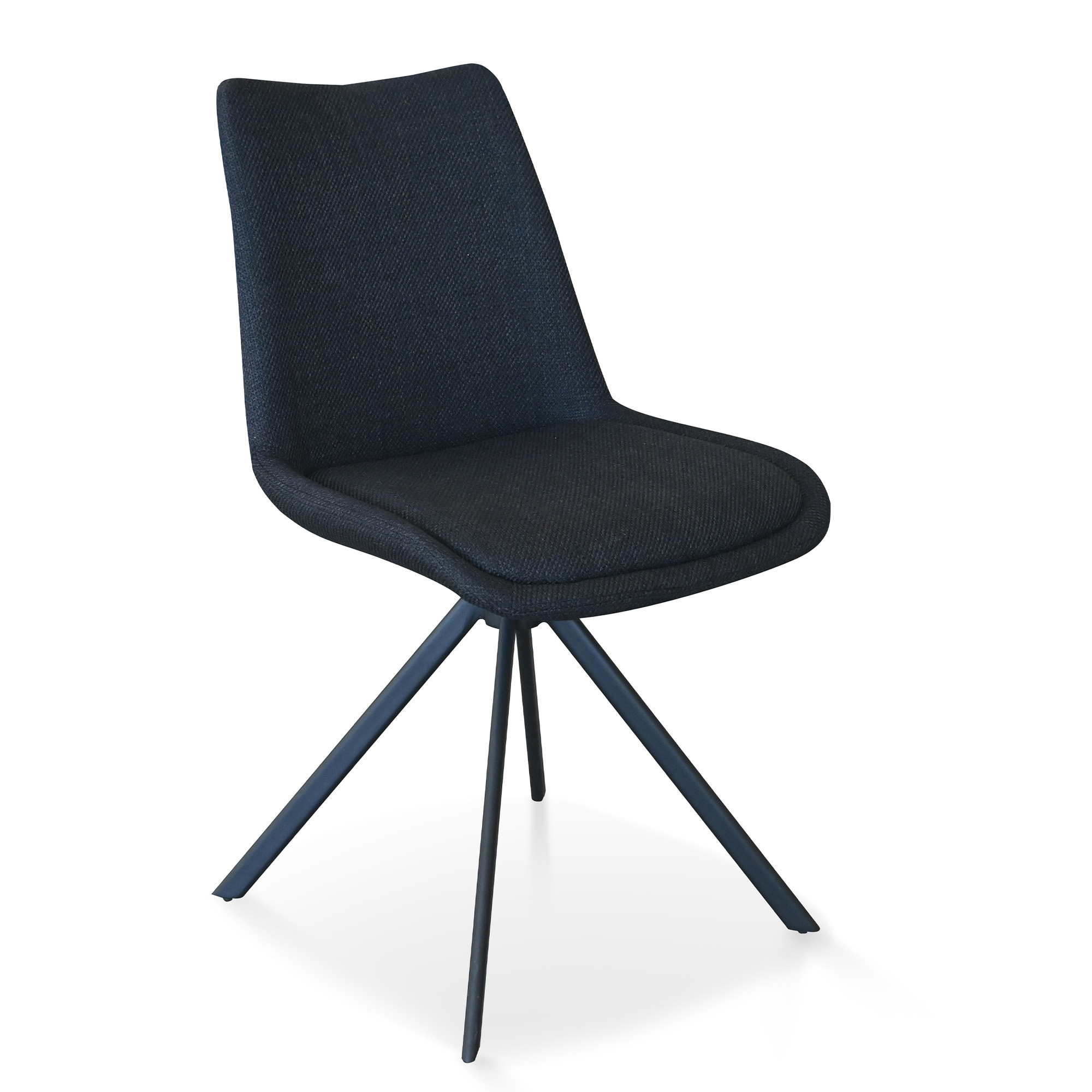 Angle view studio product photo of a swivel dining chair with dark PU polyurethane upholstery and splayed metal legs.
