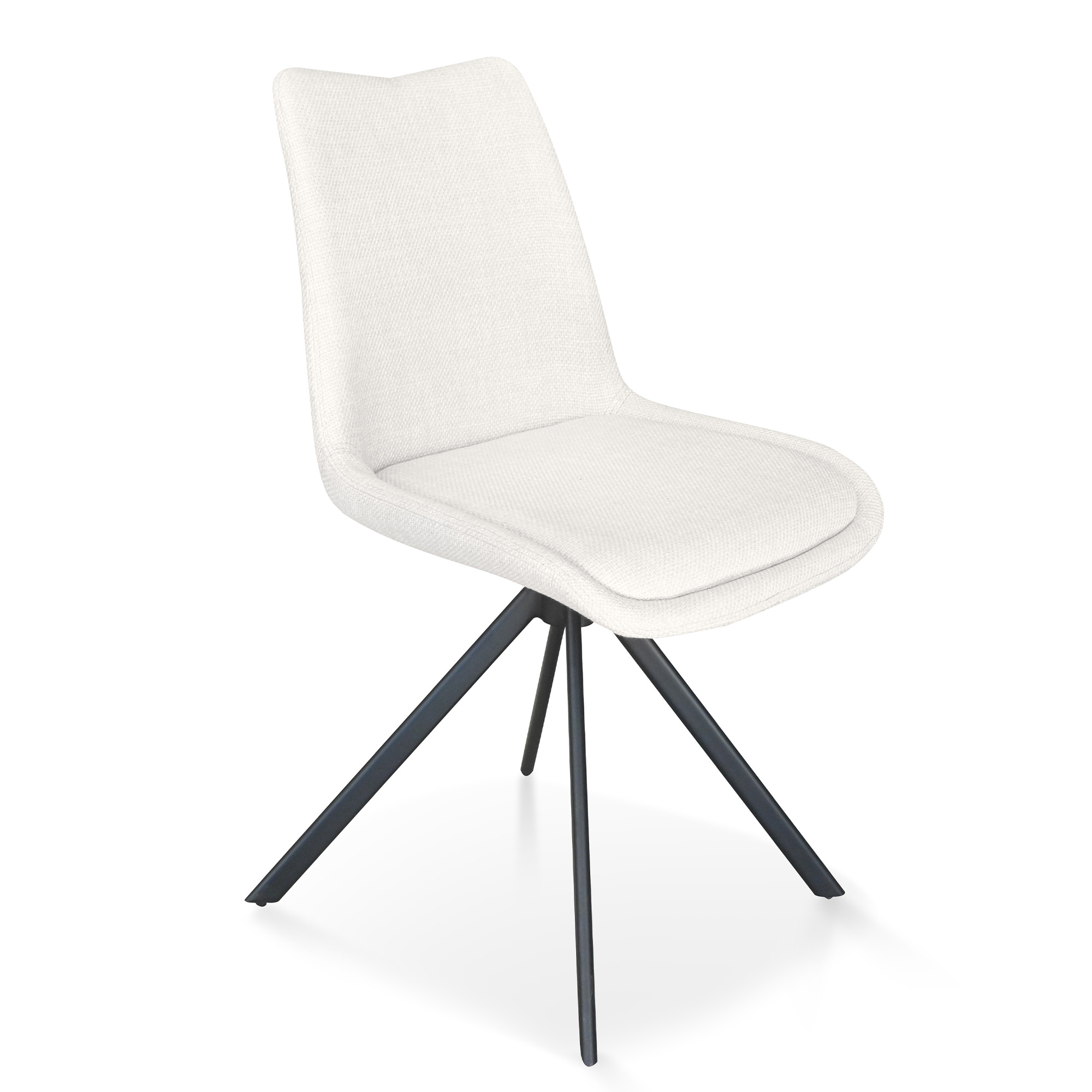 Studio angle view of a fabric swivel dining chair with four splayed metal legs.