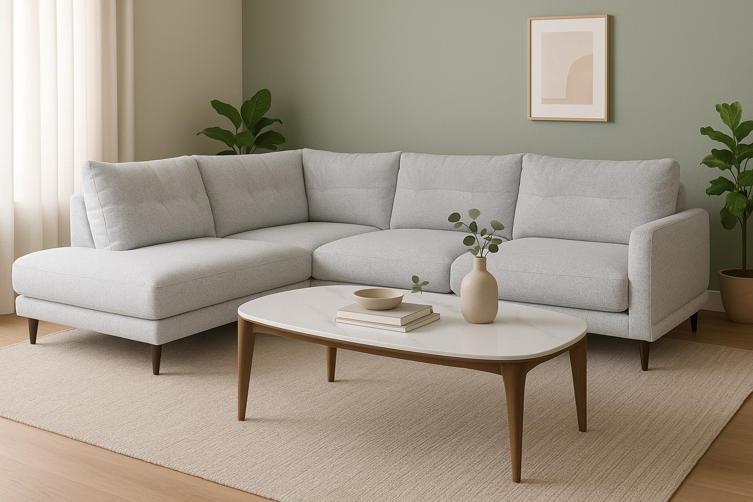 Light gray sectional sofa in a modern Edmonton-style living room, paired with a marble coffee table, neutral rug, potted plants, and minimalist artwork on pale green walls at Mobler Furniture in Edmonton. at Mobler Furniture in Edmonton, Alberta
